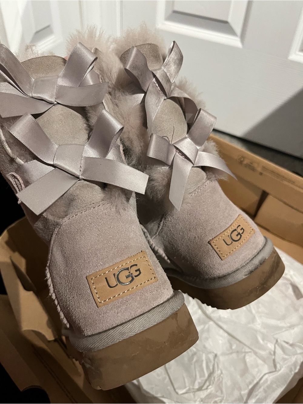 UGG Suede Bow Back Ankle Boots in Light Gray
